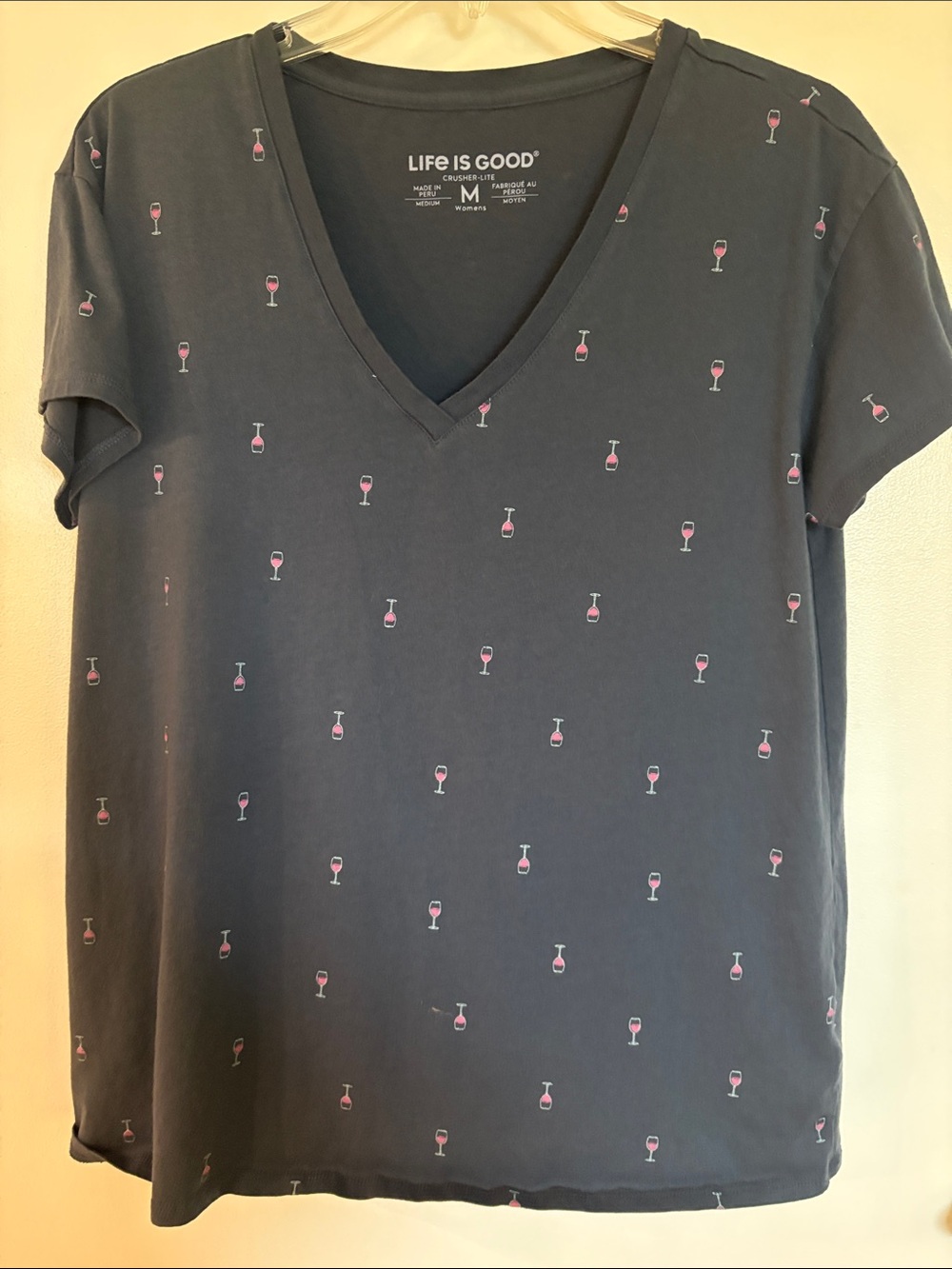 Life Is Good Women's Charcoal V‑Neck Tee with Pink Wine Glass Motif size M
